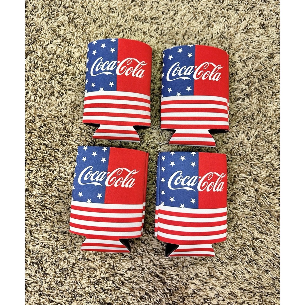 Lot of 4 Coca-Cola American Flag Koozies Red White Blue Promo Soda